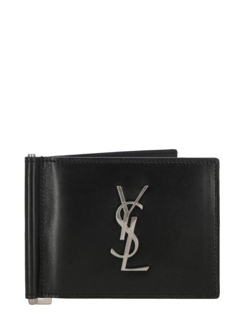 Black *ICON Monogram wallet in calfskin with silver metallic logo and banknote clip. Saint Laurent | 4856300SX0E1000